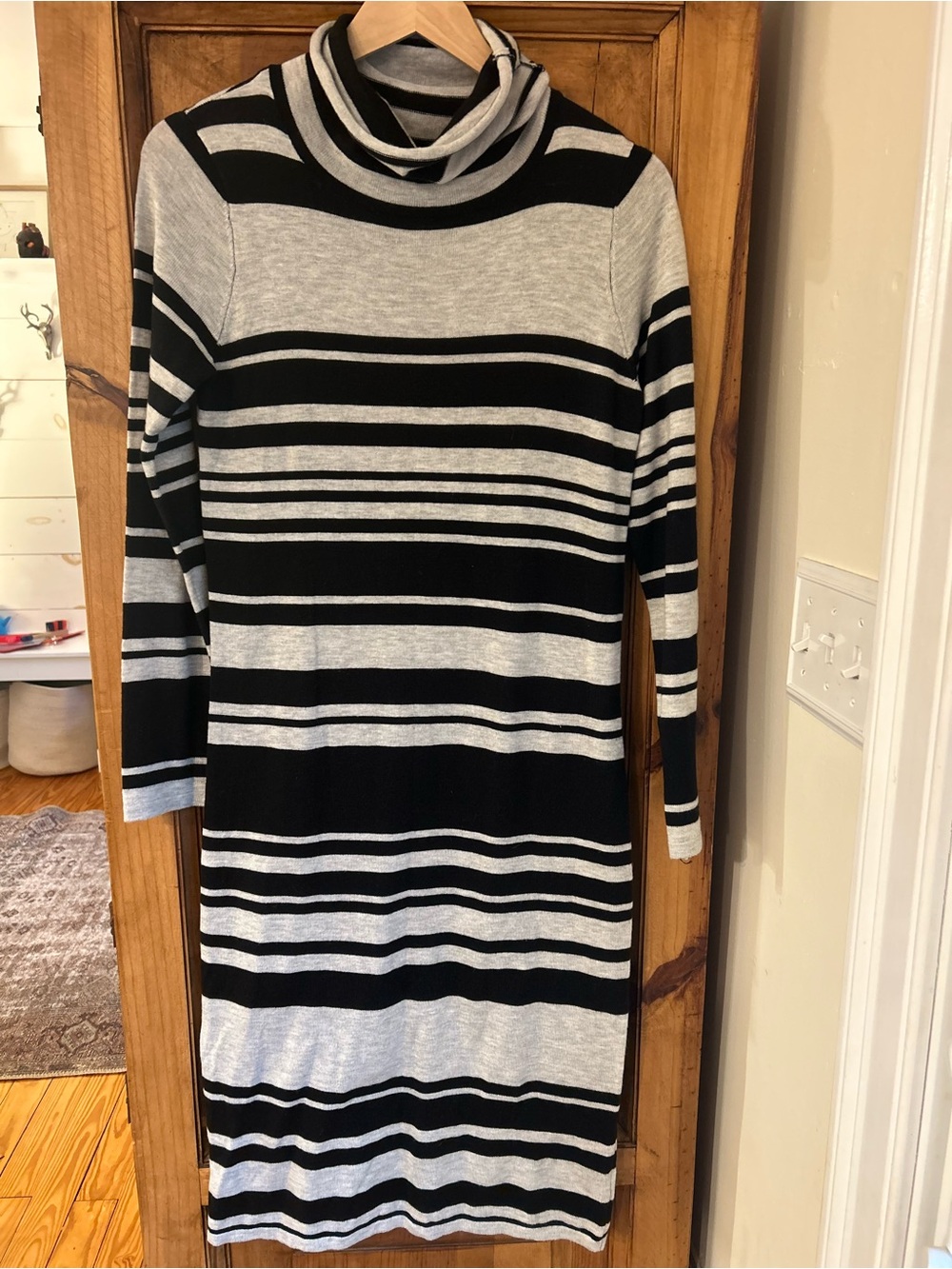 Black and Gray Striped Turtleneck Dress Small